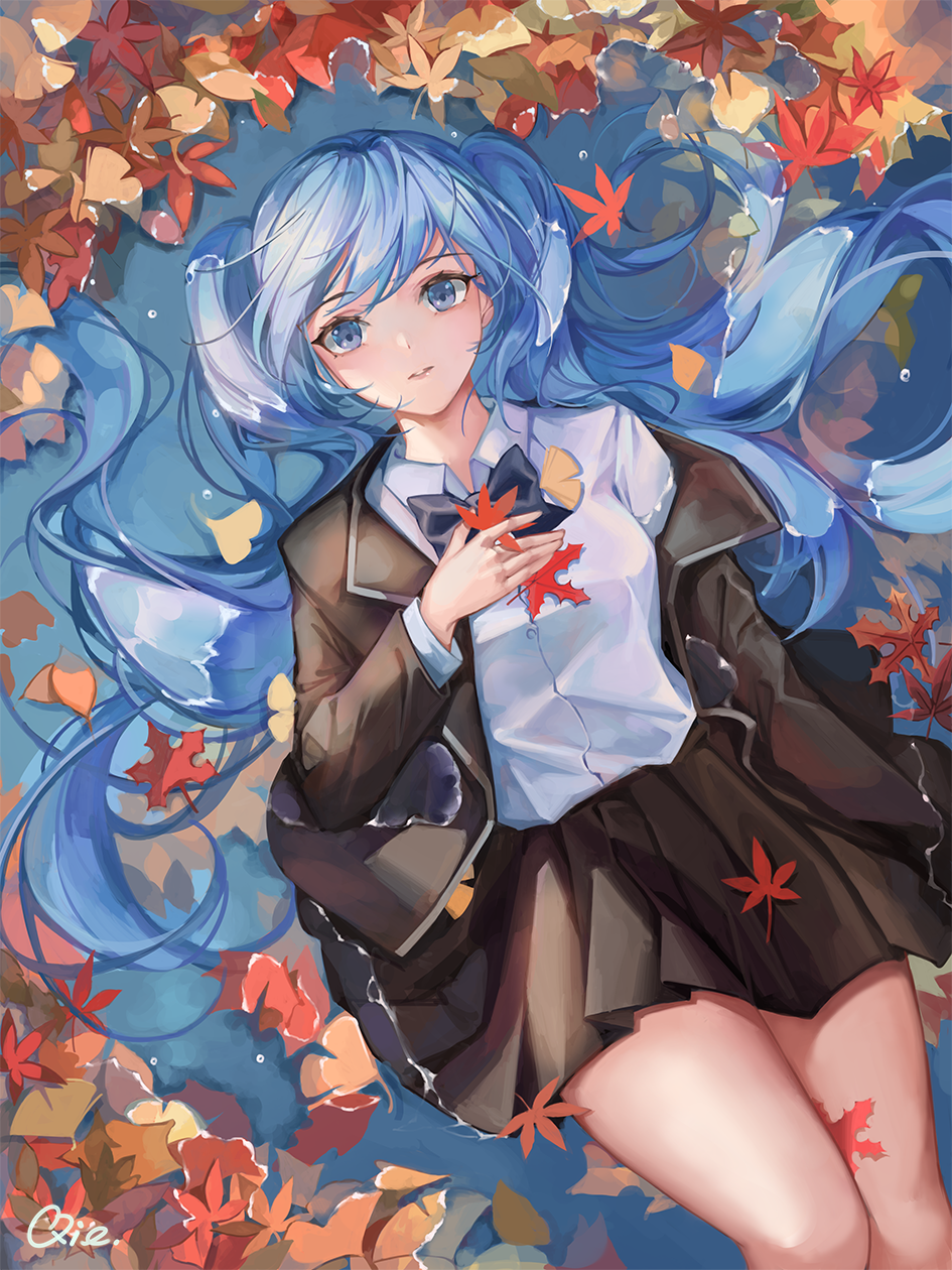 1girl artist_name autumn autumn_leaves bangs black_jacket black_skirt blue_bow blue_eyes blue_hair blue_neckwear blush bow bowtie breasts closed_mouth collared_shirt day eyebrows_visible_through_hair feet_out_of_frame from_above hatsune_miku highres jacket leaf long_hair long_sleeves looking_at_viewer lying maple_leaf off_shoulder on_back outdoors partially_submerged pleated_skirt qie shirt skirt small_breasts solo twintails upturned_eyes very_long_hair vocaloid water white_shirt