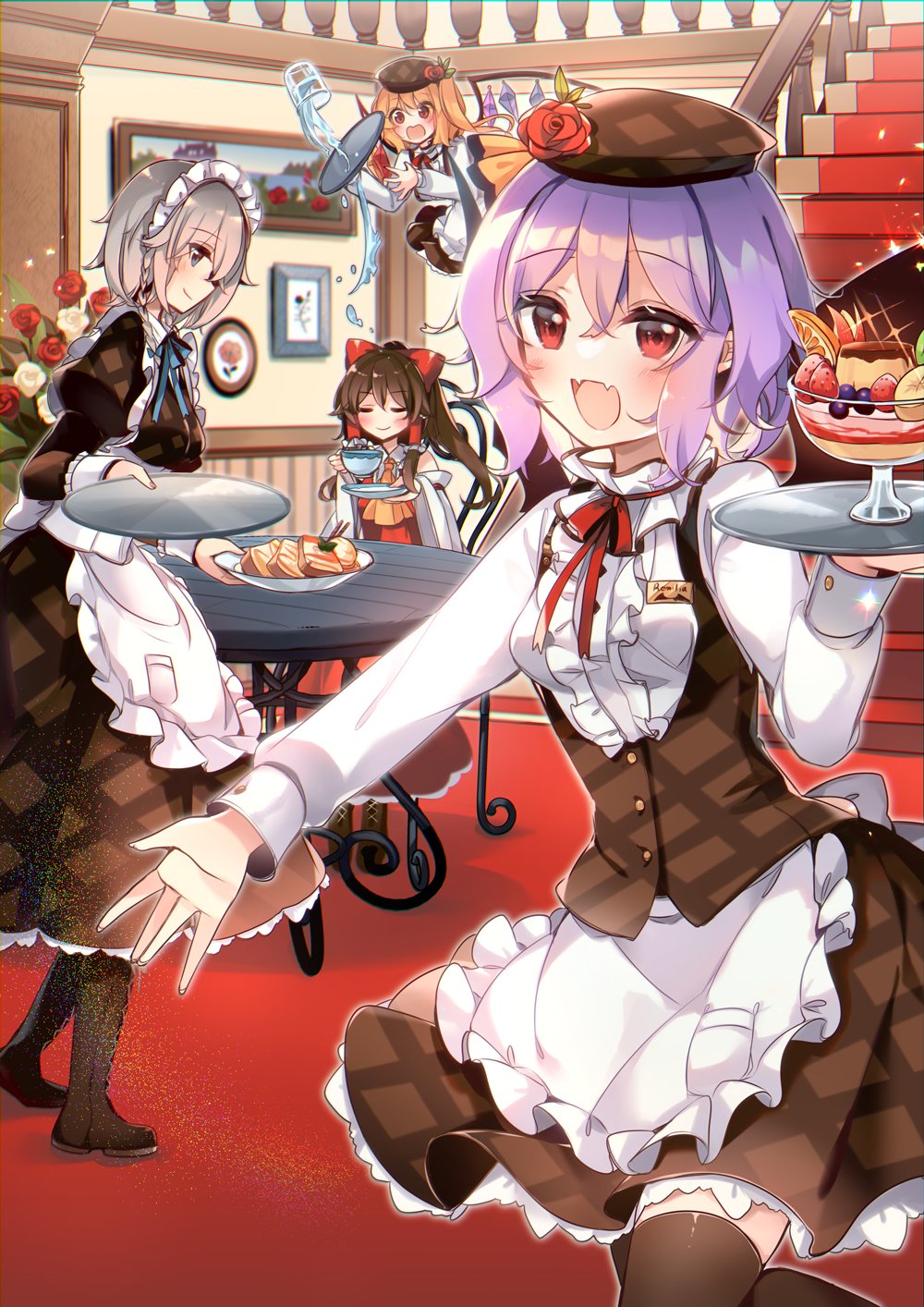 4girls alternate_costume apron back_bow bat_wings black_legwear bow chair closed_eyes cup enmaided fang fangs fingernails flying hakurei_reimu highres izayoi_sakuya kirero long_hair long_sleeves looking_at_viewer maid maid_apron maid_headdress multiple_girls open_mouth plate pocket remilia_scarlet sitting smile standing table teacup thigh-highs touhou tray wings