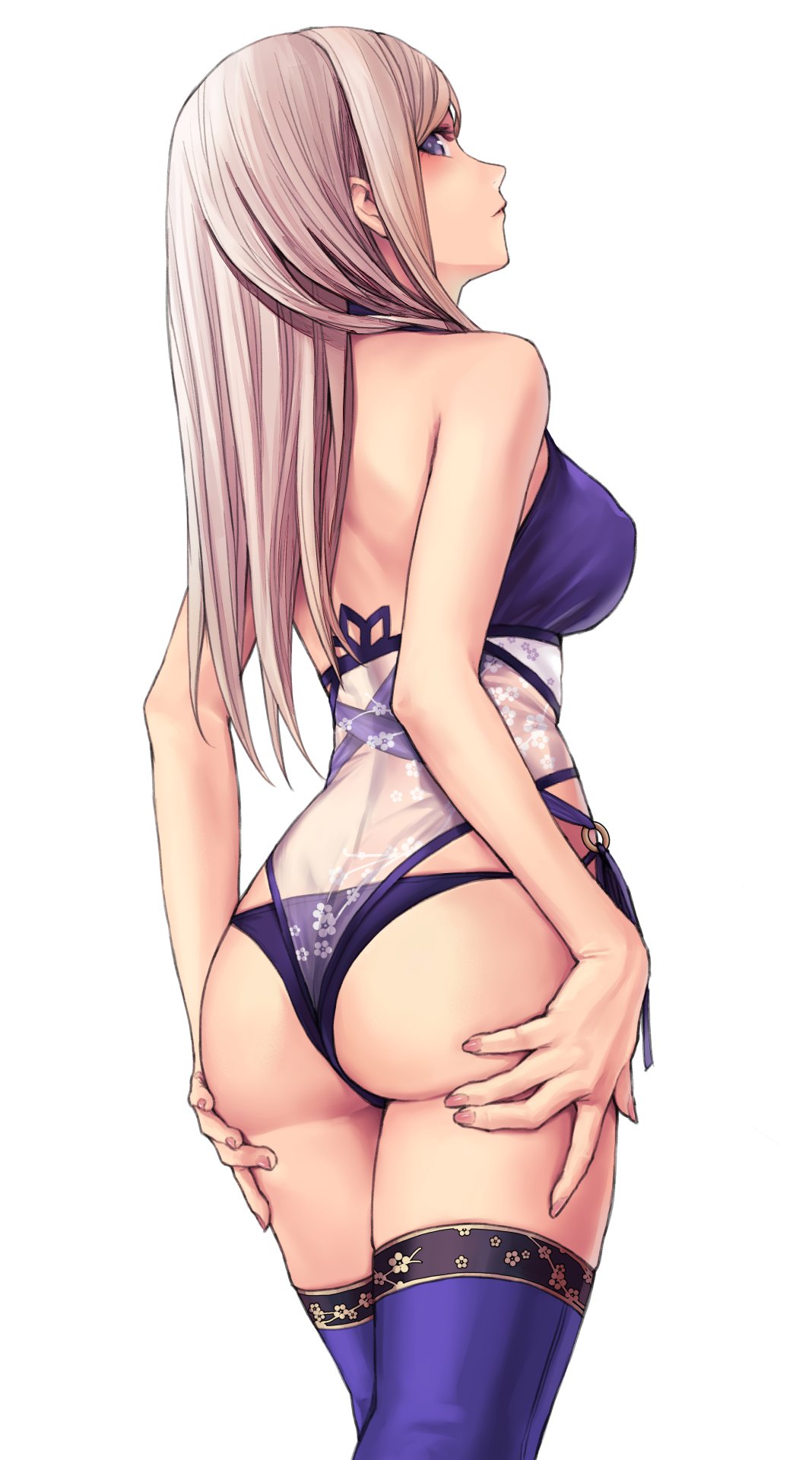 1girl applekun ass ass_grab back bare_thighs blue_eyes blue_swimsuit blue_thighhighs breasts cherry_blossom_print embroidered_legwear fate/grand_order fate_(series) floral_print from_behind grabbing_own_ass hands_on_ass hands_on_own_ass highres large_breasts legs legs_together long_hair miyamoto_musashi_(fate) miyamoto_musashi_(swimsuit_berserker)_(fate) o-ring o-ring_bikini pink_hair see-through swimsuit thigh-highs thighs