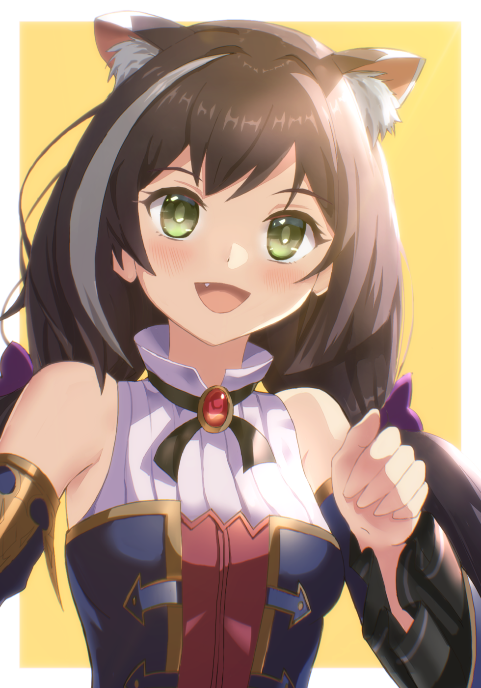 1girl :d animal_ear_fluff animal_ears bangs black_hair black_necktie blue_sleeves blush bustier cat_ears detached_sleeves fang green_eyes h-moka highres karyl_(princess_connect!) long_hair long_sleeves looking_at_viewer low_twintails necktie princess_connect! shiny shiny_hair shirt sleeveless sleeveless_shirt smile solo twintails very_long_hair white_shirt yellow_background