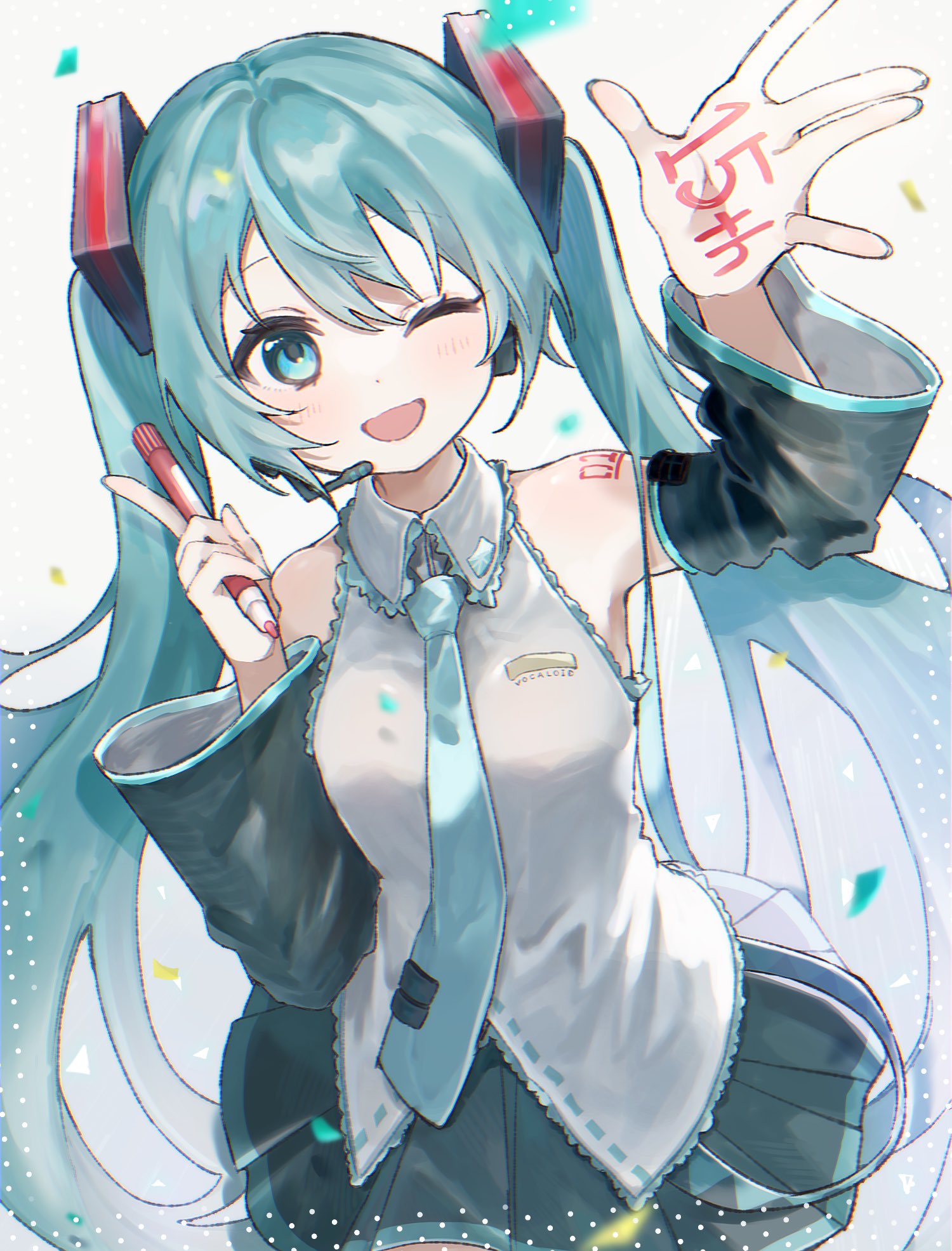 1girl anniversary black_skirt black_sleeves blue_eyes blue_hair blue_necktie blush body_writing collared_shirt detached_sleeves grey_shirt hair_ornament hands_up hatsune_miku headphones headset highres holding holding_marker long_hair marker microphone necktie one_eye_closed open_mouth pleated_skirt shirt skirt smile solo tie_clip twintails uminokaisen very_long_hair vocaloid