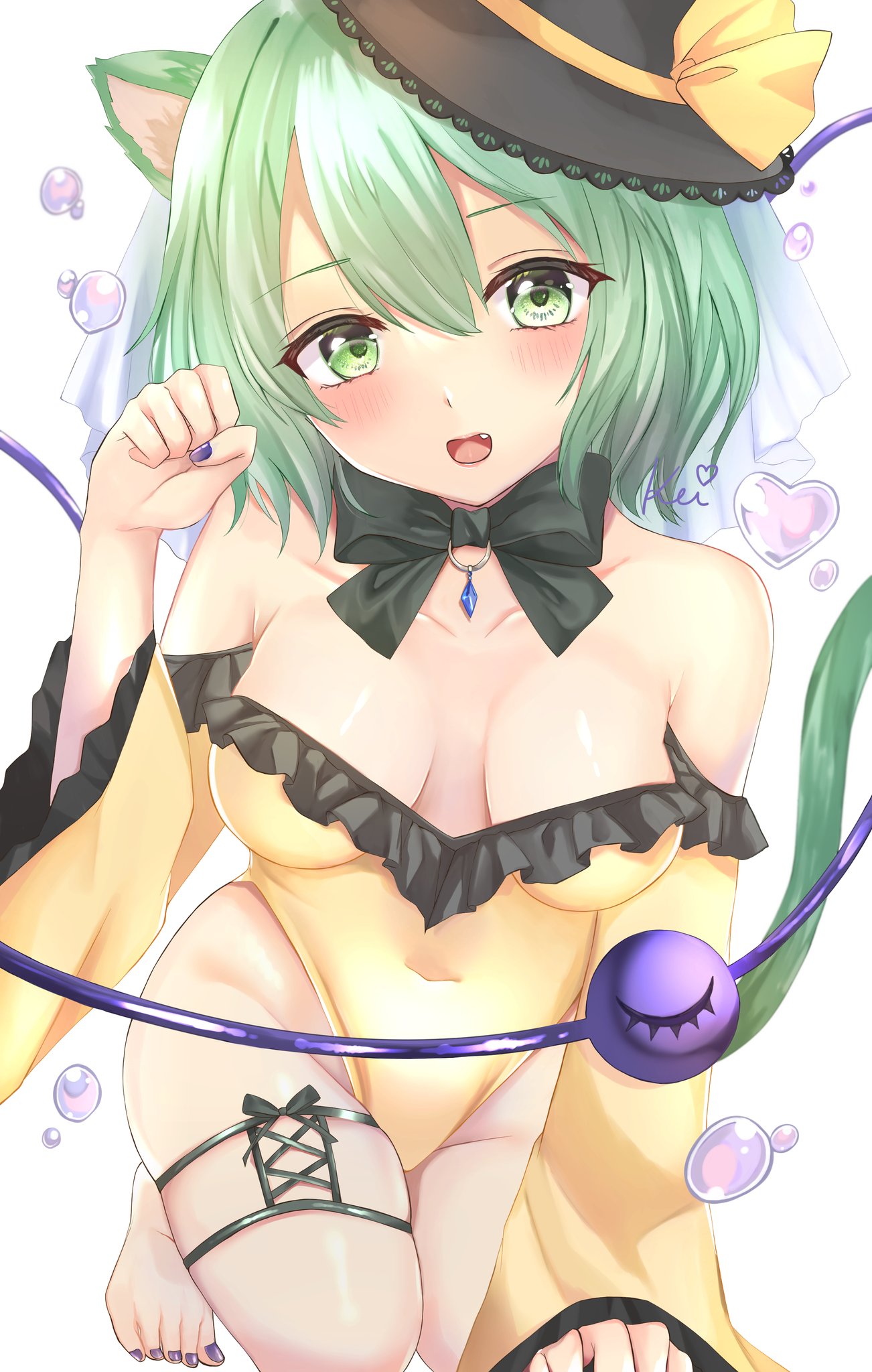 1girl :d alternate_costume animal_ears arm_up bangs bare_shoulders bent_over black_neckwear black_ribbon blush breasts breasts_apart bubble cat_ears cat_tail collarbone covered_navel eyeball eyebrows_visible_through_hair fang frilled_sleeves frills green_eyes green_hair hat hat_ribbon highres kei_(hidden) kemonomimi_mode koishi_day komeiji_koishi large_breasts leotard long_sleeves looking_at_viewer nail_polish open_mouth paw_pose ribbon shiny shiny_hair short_hair simple_background sitting small_breasts smile solo tail third_eye tilted_headwear toenail_polish toenails touhou white_background wide_sleeves yellow_leotard yellow_ribbon