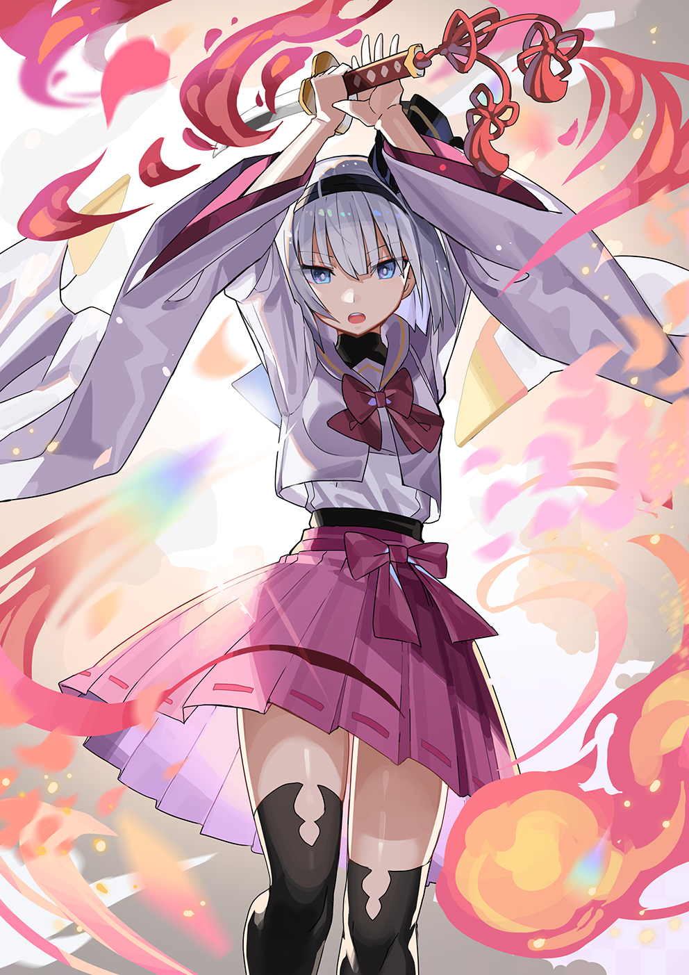 1girl alternate_costume bangs black_hairband black_legwear blue_eyes bow bowtie bright_pupils falken_(yutozin) feet_out_of_frame fire hairband highres holding holding_sword holding_weapon konpaku_youmu long_sleeves looking_at_viewer open_mouth pink_skirt rainbow_gradient red_bow red_bowtie ribbon-trimmed_skirt ribbon_trim shirt short_hair silver_hair skirt solo standing sword thigh-highs touhou weapon white_pupils white_shirt wide_sleeves