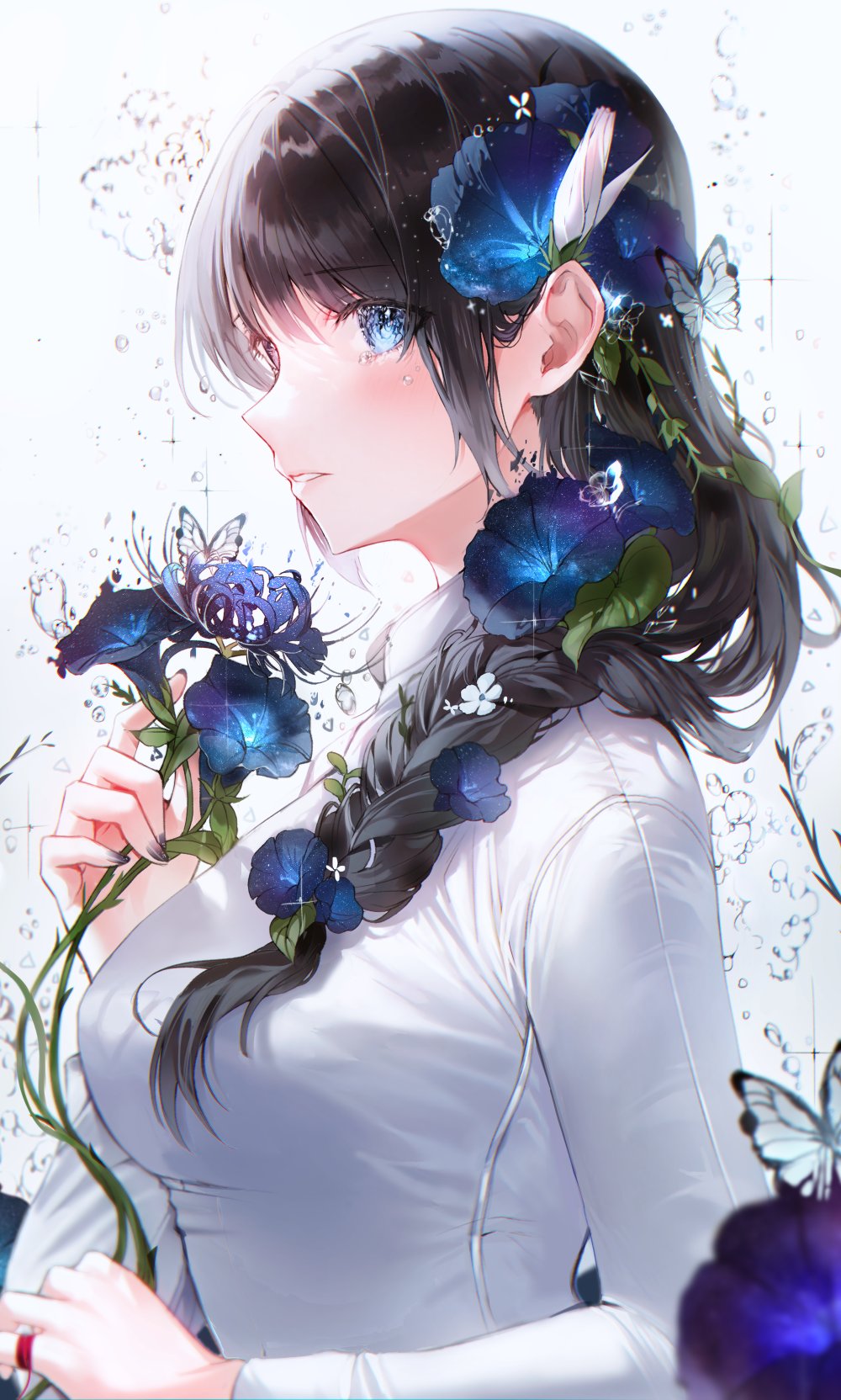 1girl 2sham aqua_eyes black_hair blue_flower blush braid braided_ponytail breasts bright_pupils bug butterfly eyebrows_visible_through_hair flower hair_flower hair_ornament highres holding holding_flower medium_breasts morning_glory original profile red_yarn shirt spider_lily string string_around_finger string_of_fate teardrop upper_body white_shirt