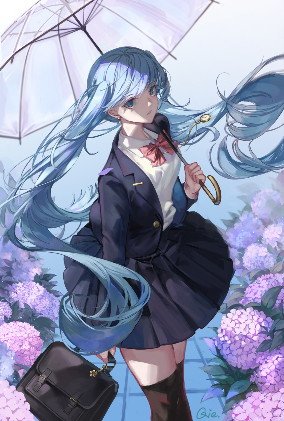 1girl arm_at_side artist_name bag bangs black_bag black_jacket black_legwear black_skirt blazer blue_eyes blue_hair bow bowtie breasts buttons collared_shirt commentary earrings english_commentary eyebrows_visible_through_hair feet_out_of_frame floating_hair flower hand_up hatsune_miku highres holding holding_bag holding_umbrella hydrangea jacket jewelry leaf long_hair looking_at_viewer looking_up medium_breasts outdoors parted_lips pink_bow pink_neckwear plant pleated_skirt pocket_watch purple_flower qie school_bag school_uniform shade shirt sideways_glance skirt solo standing stud_earrings thigh-highs transparent transparent_umbrella twintails umbrella very_long_hair vocaloid watch white_shirt