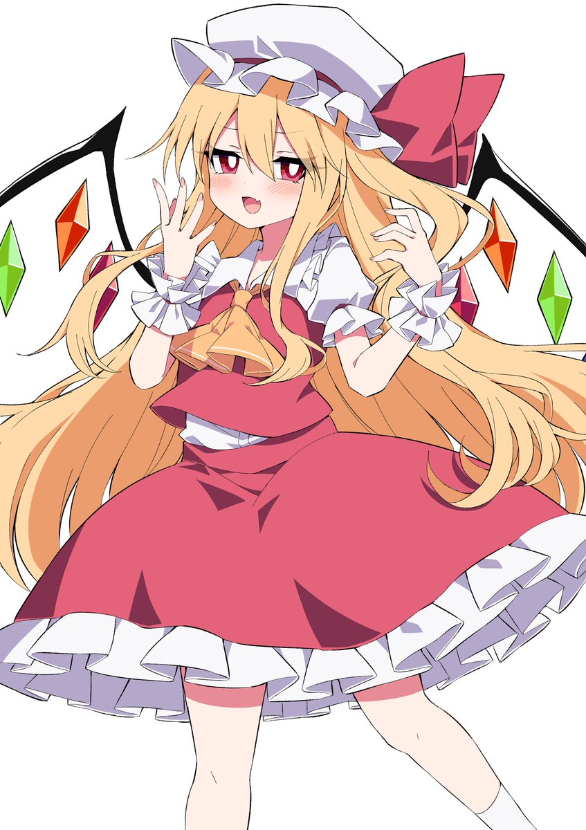 1girl :d \||/ alternate_hair_length alternate_hairstyle arms_up ascot bangs blonde_hair blush breasts bright_pupils buttons crystal eyebrows_visible_through_hair fang fingernails flandre_scarlet frilled_shirt_collar frilled_skirt frills hair_between_eyes hat hat_ribbon highres knees long_hair looking_at_viewer mob_cap one_side_up open_mouth puffy_short_sleeves puffy_sleeves red_ribbon red_skirt red_vest ribbon shirt short_sleeves side_ponytail sidelocks simple_background skin_fang skirt smile solo standing touhou tsukimirin vest white_background white_pupils white_shirt wings wrist_cuffs yellow_neckwear