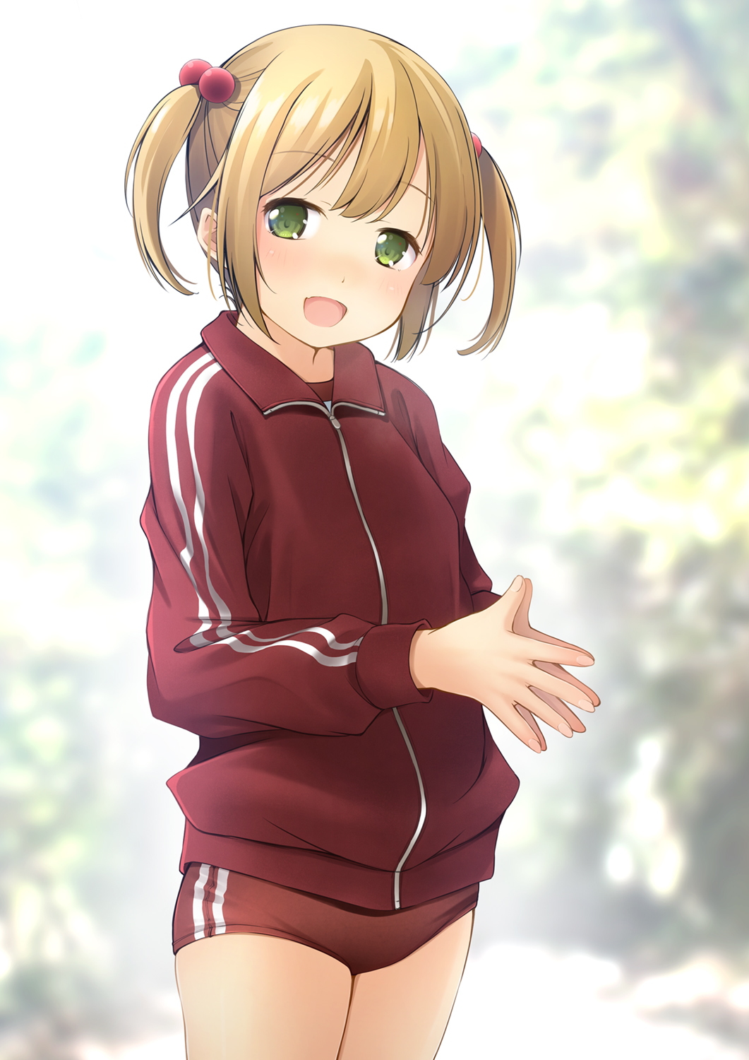 1girl :d bangs blonde_hair brown_buruma buruma commentary_request eyebrows_visible_through_hair fang green_eyes hair_bobbles hair_ornament highres jacket long_sleeves looking_at_viewer original own_hands_together red_jacket shibacha smile solo track_jacket twintails