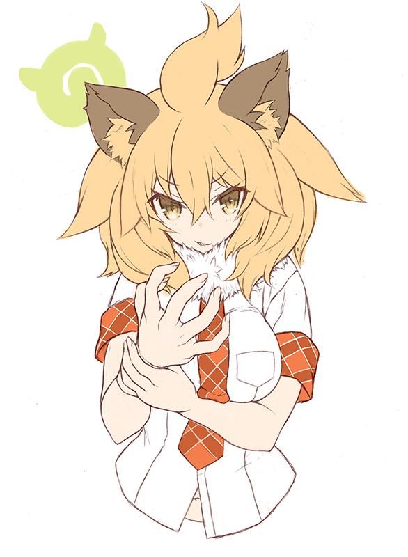 1girl animal_ear_fluff animal_ears blonde_hair breast_pocket breasts commentary_request cropped_torso eyebrows_visible_through_hair fur_collar hair_between_eyes hand_on_own_wrist kemono_friends lion_(kemono_friends) lion_ears logo long_hair looking_at_viewer medium_breasts necktie plaid_necktie pocket red_necktie ryo_(tg290) shirt short_sleeves simple_background sleeve_cuffs solo upper_body white_background white_shirt