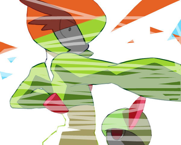1girl 1other arm_up bangs blunt_bangs bob_cut bowl_cut colored_skin commentary_request constricted_pupils from_side gardevoir green_hair green_skin grey_eyes hair_over_one_eye hand_up minashirazu multicolored_skin one_eye_covered outstretched_arm partial_commentary pokemon pokemon_(creature) ralts red_eyes short_hair simple_background sketch solo_focus standing two-tone_skin white_background white_skin