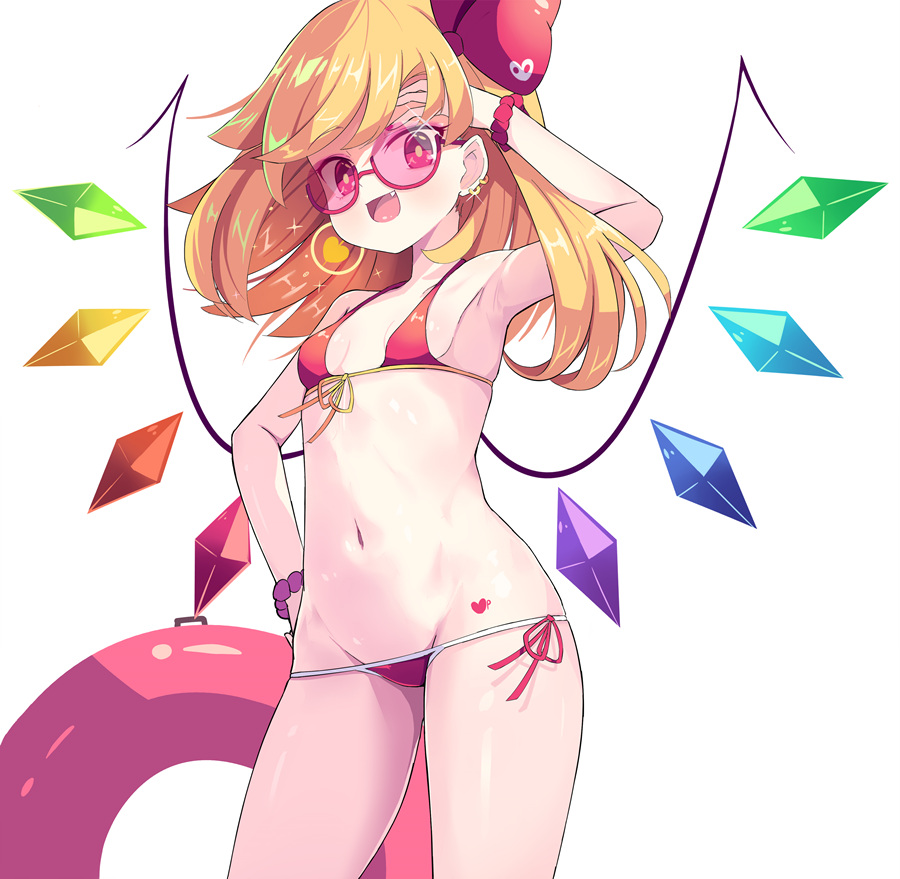 1girl :d alternate_costume armpit_crease arms_up bangs bare_shoulders bead_bracelet beads bikini blonde_hair blush bow bracelet breasts collarbone commentary_request crystal ear_piercing earrings eyebrows_visible_through_hair eyelashes fang flandre_scarlet frills groin hair_bow hand_on_hip jewelry multicolored_wings navel one_side_up open_mouth piercing red_bikini red_bow red_eyes red_innertube shiny shiny_hair side_ponytail sidelocks simple_background small_breasts smile solo sparkle sseopik standing stomach swimsuit tattoo thighs tongue touhou wings