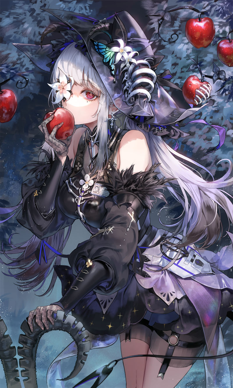 1girl apple bangs black_dress black_gloves black_hair breasts commentary cowboy_shot cross cross_earrings dress earrings english_commentary eyebrows_visible_through_hair flower flower-shaped_pupils flower_over_eye food fruit gloves hat highres holding holding_food holding_fruit jewelry kim_eb large_breasts long_hair looking_at_viewer mole mole_under_eye multicolored_hair original pink_eyes silver_hair solo standing streaked_hair symbol-shaped_pupils tail white_flower