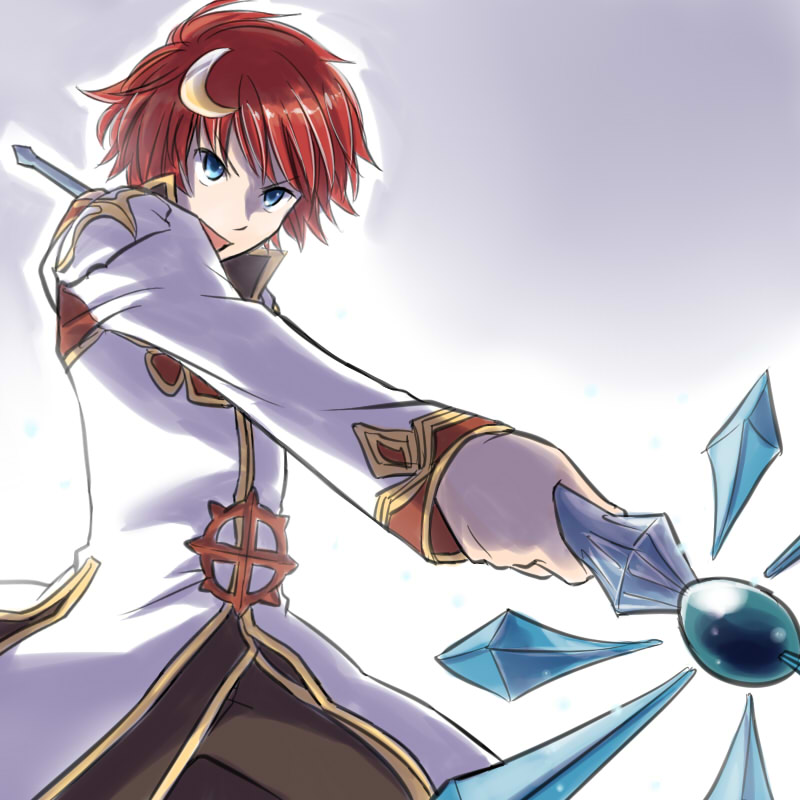 1boy bangs black_coat blue_eyes coat commentary_request cowboy_shot gradient gradient_background grey_background high_priest_(ragnarok_online) holding holding_staff layered_clothing long_sleeves looking_at_viewer male_focus natsuya_(kuttuki) open_mouth ragnarok_online red_coat redhead short_hair solo staff two-tone_coat white_coat