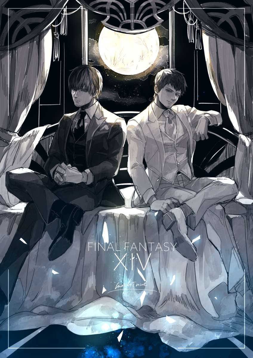 2boys adventurer_(ff14) ardbert_(ff14) backlighting bangs closed_mouth collared_shirt copyright_name couch crossed_legs curtains facial_hair final_fantasy final_fantasy_xiv formal full_moon half-closed_eyes head_tilt highres indoors jacket light_smile long_sleeves looking_at_viewer male_focus mochinue moon multiple_boys muted_color necktie open_clothes open_jacket own_hands_together pants shirt short_hair sitting sky spot_color star_(sky) starry_sky stubble suit symbol-only_commentary vest window wing_collar