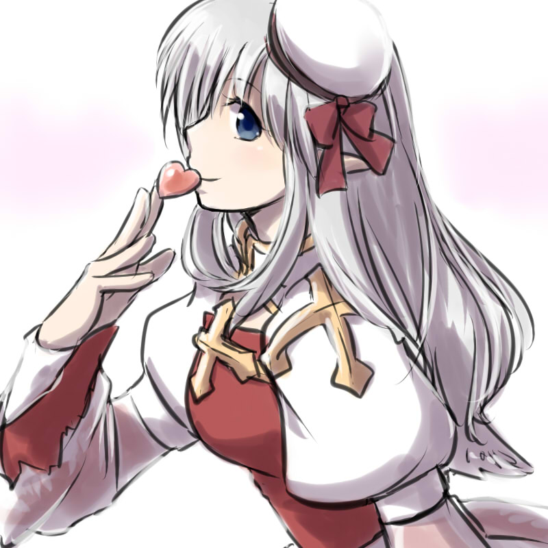1girl arch_bishop_(ragnarok_online) bangs blue_eyes bow breasts cleavage_cutout closed_mouth clothing_cutout commentary_request cross dress grey_hair hat hat_bow heart juliet_sleeves long_hair long_sleeves looking_at_viewer looking_to_the_side medium_breasts natsuya_(kuttuki) puffy_sleeves ragnarok_online red_bow sailor_hat smile solo two-tone_dress upper_body white_background white_dress white_headwear
