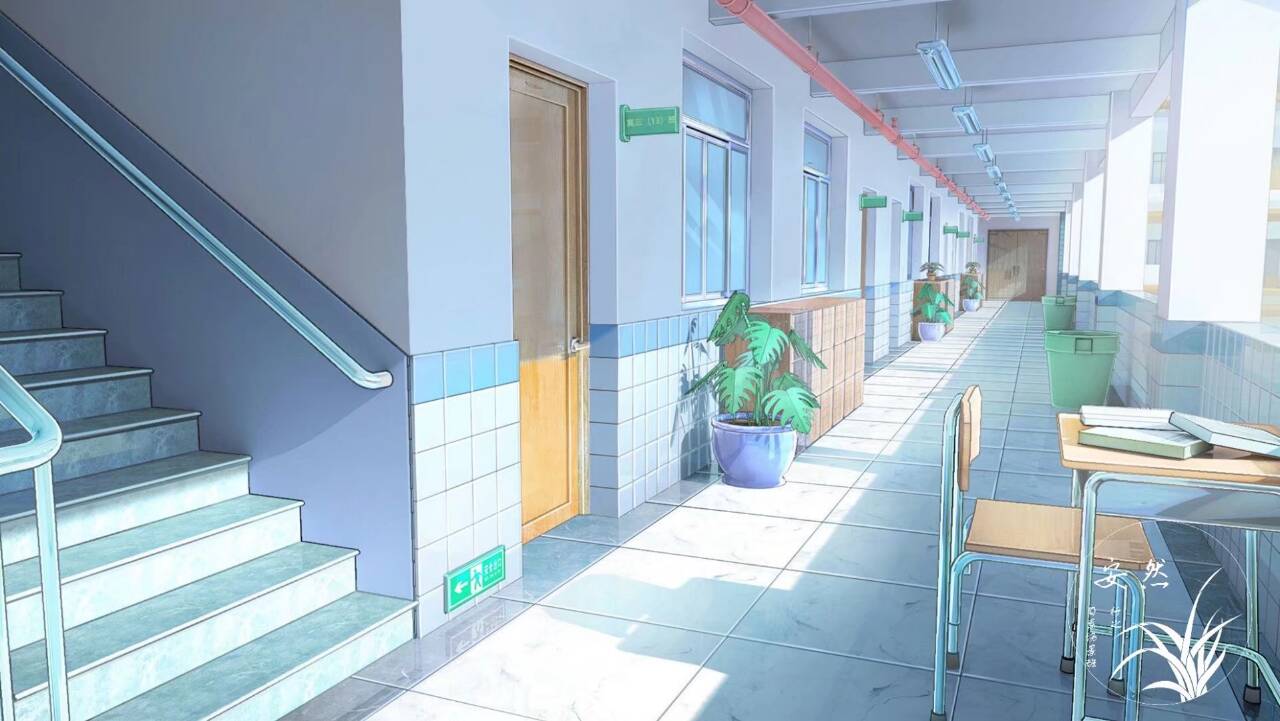 artist_name book chair chinese_commentary commentary_request desk door flower_pot hallway no_humans open_book original plant railing scenery school shade sign stairs sunlight trash_can window xingzhi_lv