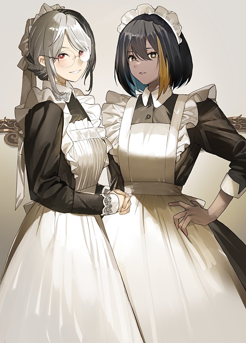 2girls apron arm_at_side bangs black_dress black_hair braid bright_pupils buttons collared_dress colored_inner_hair commentary_request commission dark-skinned_female dark_skin dress glasses grey_hair grin hand_on_hip hat highres long_sleeves looking_at_viewer maid maid_apron maid_headdress meido-fuku_ga_mitai mob_cap multicolored_hair multiple_girls open_mouth original own_hands_together parted_lips red_eyes round_eyewear scar scar_on_neck short_hair sidelocks skeb_commission sleeves_pushed_up smile standing streaked_hair teeth white_pupils yellow_eyes