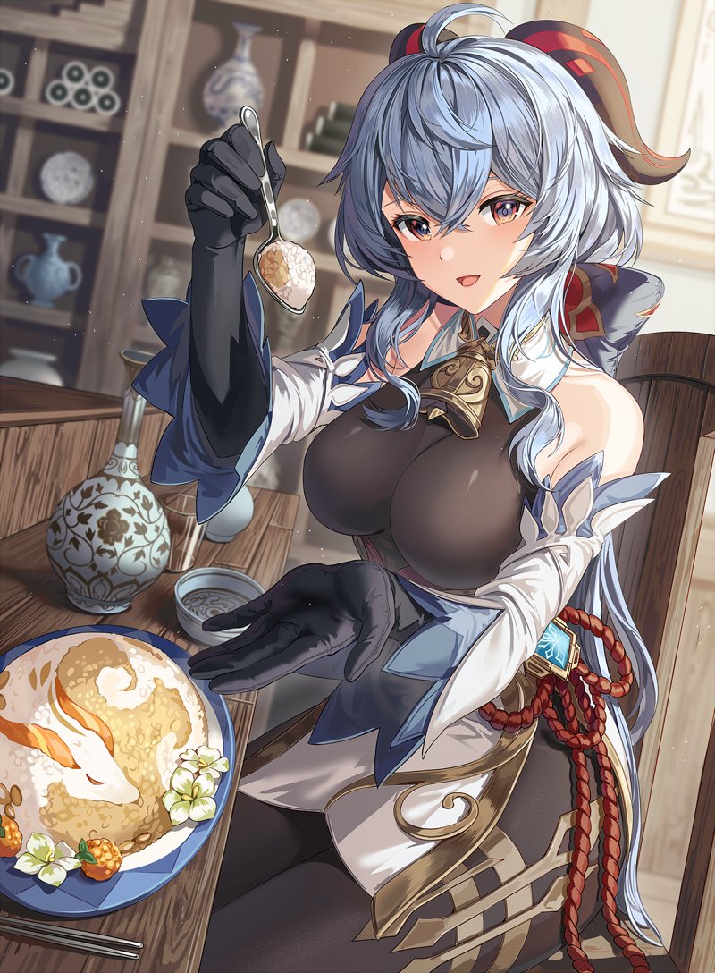 1girl ahoge bangs bare_shoulders bell black_gloves blue_hair bodice bodysuit bow bowl breasts brown_bodysuit brown_legwear brown_leotard chair chinese_knot chopsticks cowbell detached_sleeves dutch_angle elbow_gloves flower flower_knot food fruit ganyu_(genshin_impact) genshin_impact gloves goat_horns gold_trim hair_between_eyes hair_bow holding holding_spoon horns indoors large_breasts leotard leotard_under_clothes long_hair long_sleeves looking_at_viewer neck_bell on_chair open_mouth orange_eyes plate porcelain pov rice sidelocks silence_girl sitting smile solo spoon table unfinished vision_(genshin_impact) white_sleeves wooden_chair wooden_table