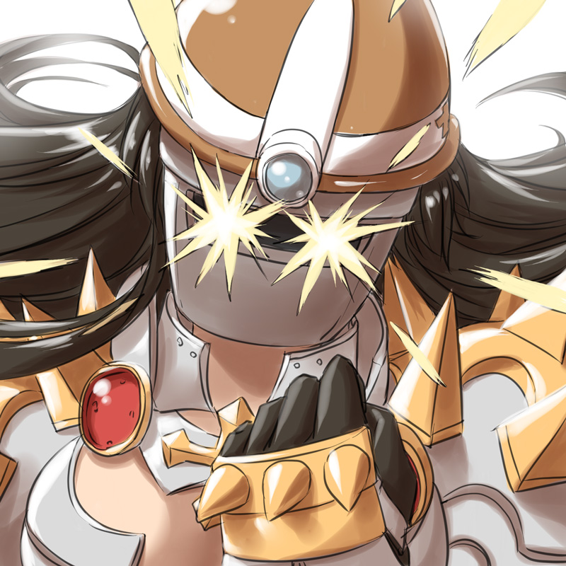 1girl armor bikini_armor black_gloves black_hair breasts brown_headwear clenched_hand commentary_request gauntlets gloves hardhat helmet large_breasts long_hair looking_at_viewer natsuya_(kuttuki) pauldrons ragnarok_online rune_knight_(ragnarok_online) shoulder_armor simple_background solo sparkling_eyes sparks spiked_gauntlets spiked_pauldrons upper_body welding_mask white_background