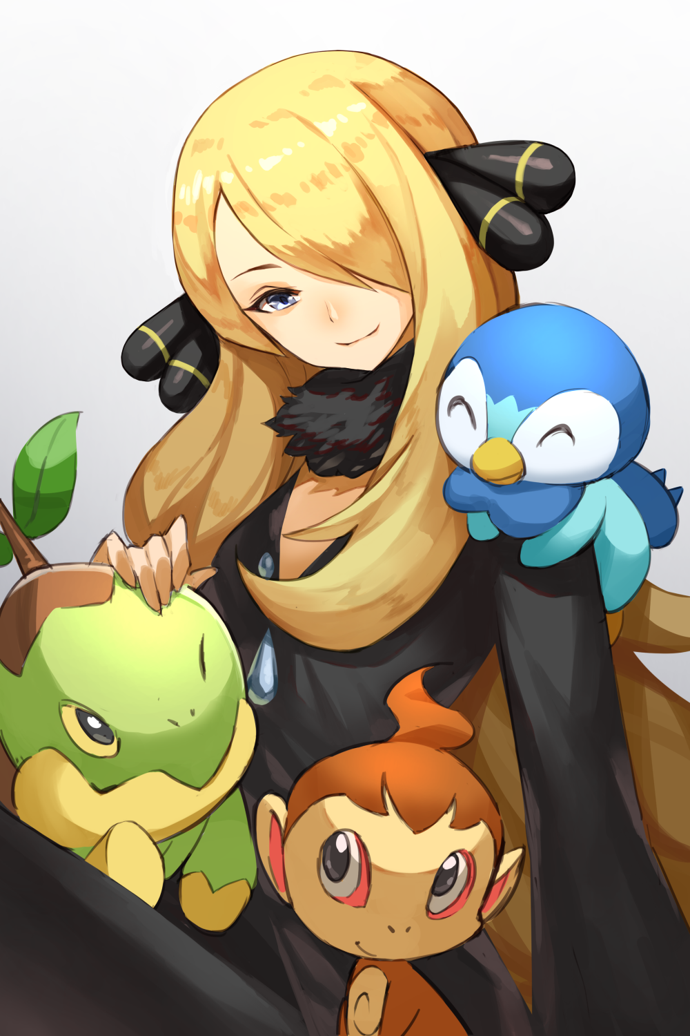 1girl black_coat black_pants blonde_hair chimchar closed_mouth coat commentary_request cynthia_(pokemon) danryoku_(ucrh3525) fur_collar grey_background grey_eyes hair_ornament hair_over_one_eye highres long_hair looking_down pants piplup pokemon pokemon_(creature) pokemon_(game) pokemon_dppt smile starter_pokemon_trio turtwig