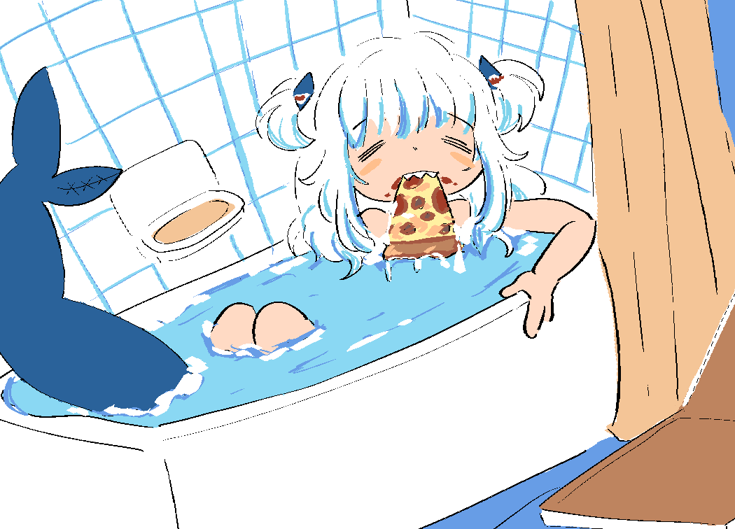 1girl bangs bathing bathtub blue_hair closed_eyes curtains fish_tail food gawr_gura henemimi hololive hololive_english holomyth mouth_hold multicolored_hair partially_submerged pizza shark_tail solo streaked_hair tail virtual_youtuber water white_hair