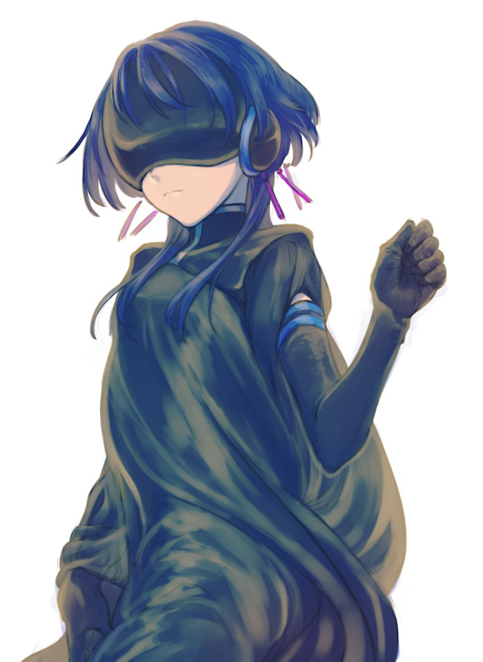 1girl bangs black_cloak black_gloves blue_hair breasts cloak covered_eyes cowboy_shot elbow_gloves frown gloves hair_tassel hand_up head-mounted_display headphones long_sleeves mimana original short_hair_with_long_locks sidelocks simple_background tassel white_background