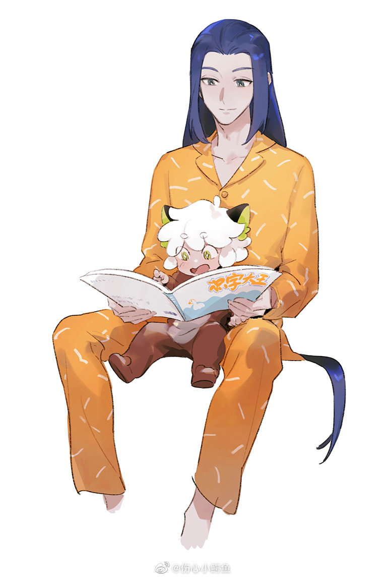 2boys animal_ears bean_mr12 black_hair blush book cat_boy cat_ears feet_out_of_frame green_eyes holding holding_book invisible_chair long_hair luoxiaohei multiple_boys open_mouth pajamas short_hair simple_background sitting smile the_legend_of_luo_xiaohei very_long_hair weibo_username white_background white_hair wuxian_(the_legend_of_luoxiaohei) yellow_pajamas