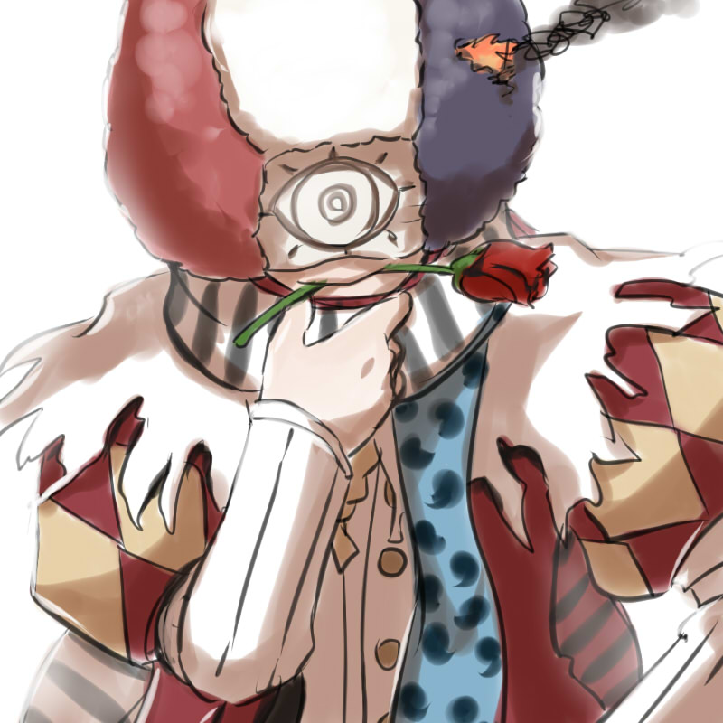 1boy afro argyle argyle_coat black_scarf blue_hair blue_scarf closed_mouth coat commentary_request eye_print fire flower flower_in_mouth hand_on_own_chin juliet_sleeves long_sleeves looking_at_viewer male_focus mask masked minstrel_(ragnarok_online) multicolored_hair natsuya_(kuttuki) polka_dot polka_dot_scarf puffy_sleeves ragnarok_online red_coat red_flower red_scarf redhead rose scarf shirt simple_background smile smoke solo striped striped_scarf upper_body white_background white_hair white_scarf white_shirt