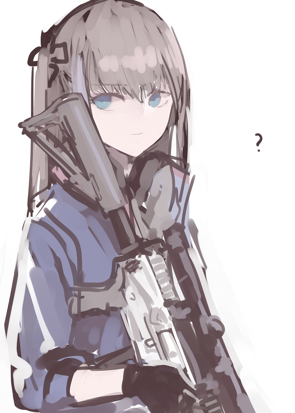 1girl ? ar-15 bangs blue_eyes closed_mouth commentary_request expressionless eyebrows_visible_through_hair girls_frontline gloves gun hair_between_eyes hair_ornament highres holding holding_gun holding_weapon long_hair long_sleeves looking_at_viewer multicolored_hair rampart1028 rifle sidelocks simple_background solo st_ar-15_(girls'_frontline) streaked_hair upper_body weapon white_background