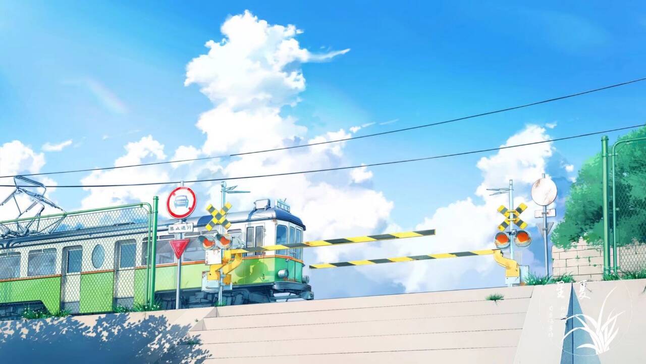artist_name cable chinese_commentary clouds commentary_request day grass ground_vehicle no_humans original plant railroad_crossing road_sign scenery shade sign sky stairs sunlight train tree xingzhi_lv