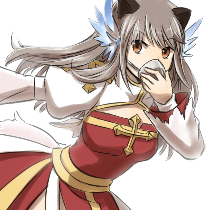 1girl animal_ears arch_bishop_(ragnarok_online) bangs blue_wings breasts brown_eyes brown_hair cat_ears cleavage_cutout clothing_cutout commentary_request cowboy_shot cross dress eyebrows_visible_through_hair gas_mask head_wings juliet_sleeves long_hair long_sleeves looking_to_the_side mask medium_breasts natsuya_(kuttuki) puffy_sleeves ragnarok_online sash simple_background solo two-tone_dress white_background white_dress wings yellow_sash