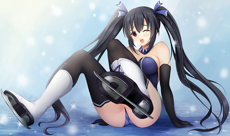 1girl alternate_costume bare_shoulders black_gloves black_hair black_legwear breath choujigen_game_neptune collar commission commissioner_upload detached_collar elbow_gloves euforia eyebrows_visible_through_hair gloves gold_trim hair_ribbon ice ice_skates ice_skating long_hair neptune_(series) noire_(neptune_series) one_eye_closed purple_collar purple_ribbon red_eyes ribbon skates skating snowing solo sparkle strapless surprised thigh-highs twintails very_long_hair white_footwear