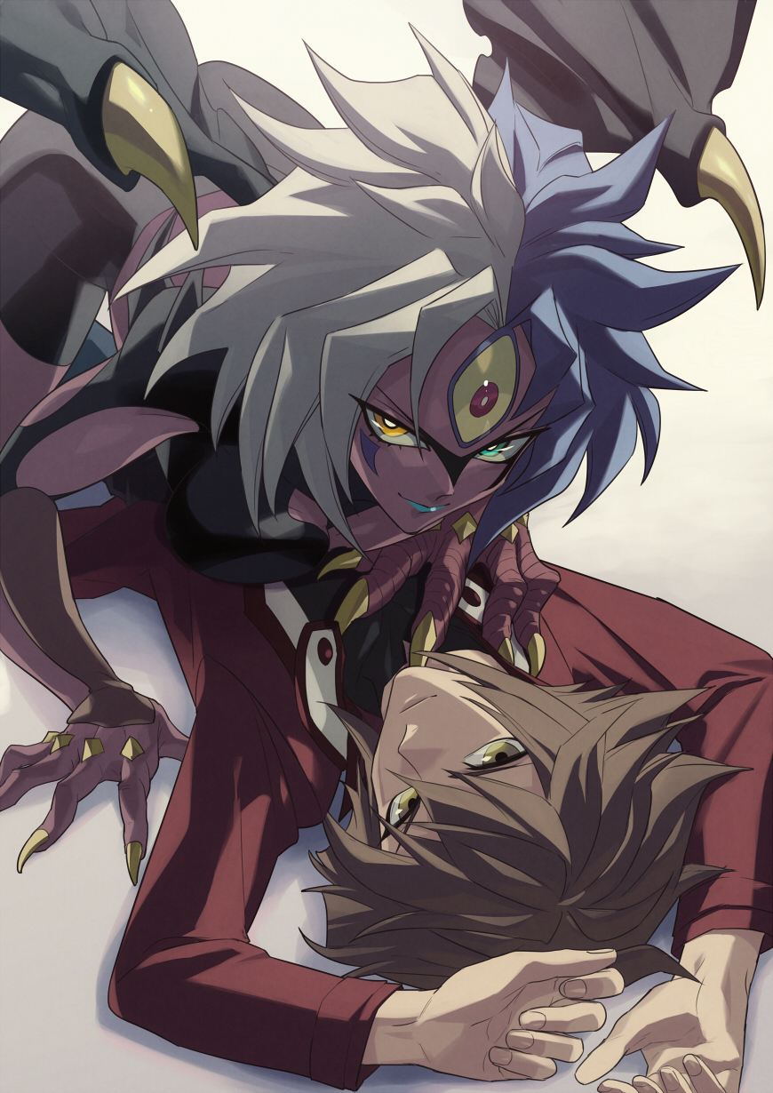 1boy 1other all_fours arms_up blue_hair blue_lips breast_press brown_hair claws closed_mouth colored_sclera demon_wings duel_monster facial_mark fingernails green_eyes hair_between_eyes hand_on_another's_chest hetero highres jacket long_fingernails looking_at_viewer lying multicolored_hair on_back on_floor open_clothes open_jacket orange_eyes red_eyes red_jacket smile talgi third_eye very_long_fingernails white_hair wings yellow_eyes yellow_sclera yu-gi-oh! yu-gi-oh!_gx yubel yuuki_juudai