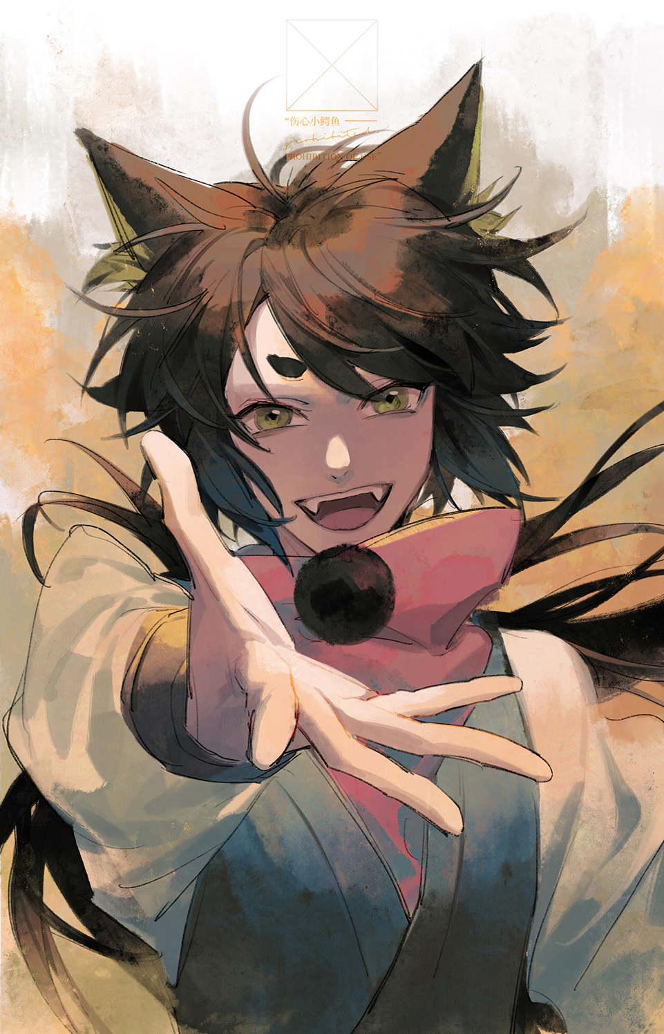 1boy animal_ear_fluff animal_ears bangs bean_mr12 black_hair cat_boy cat_ears commentary_request green_eyes highres long_hair long_sleeves looking_at_viewer luoxiaohei older open_mouth signature smile solo the_legend_of_luo_xiaohei upper_body