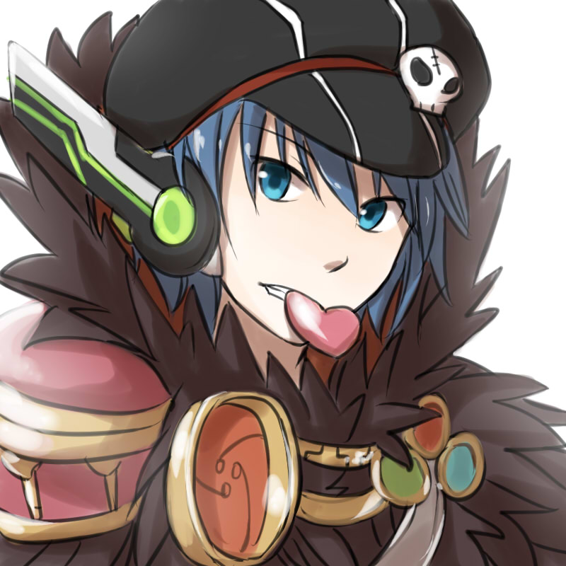 1boy bangs black_headwear blue_eyes blue_hair cabbie_hat clenched_teeth commentary_request eyebrows_visible_through_hair fur_collar hat hat_ornament heart heart_in_mouth looking_at_viewer male_focus natsuya_(kuttuki) ragnarok_online robot_ears short_hair skull_hat_ornament solo sorcerer_(ragnarok_online) teeth upper_body