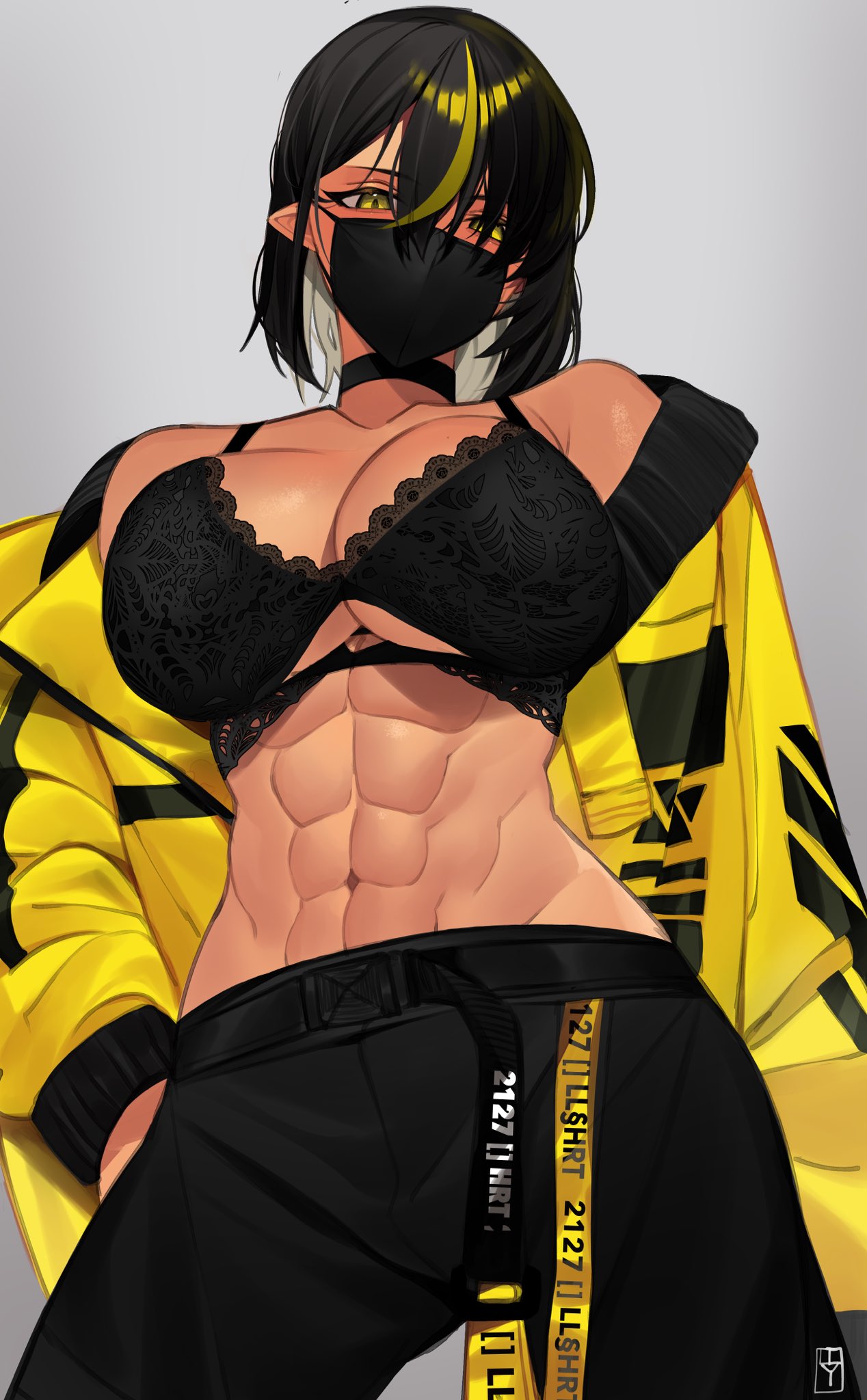 1girl abs belt belt_buckle black_hair blonde_hair bra breasts buckle choker cowboy_shot dark-skinned_female dark_skin grey_background highres large_breasts lilith_(lilycious) lilycious looking_at_viewer mask multicolored_hair navel original pointy_ears short_hair simple_background solo streaked_hair symbol-only_commentary two-tone_hair underwear