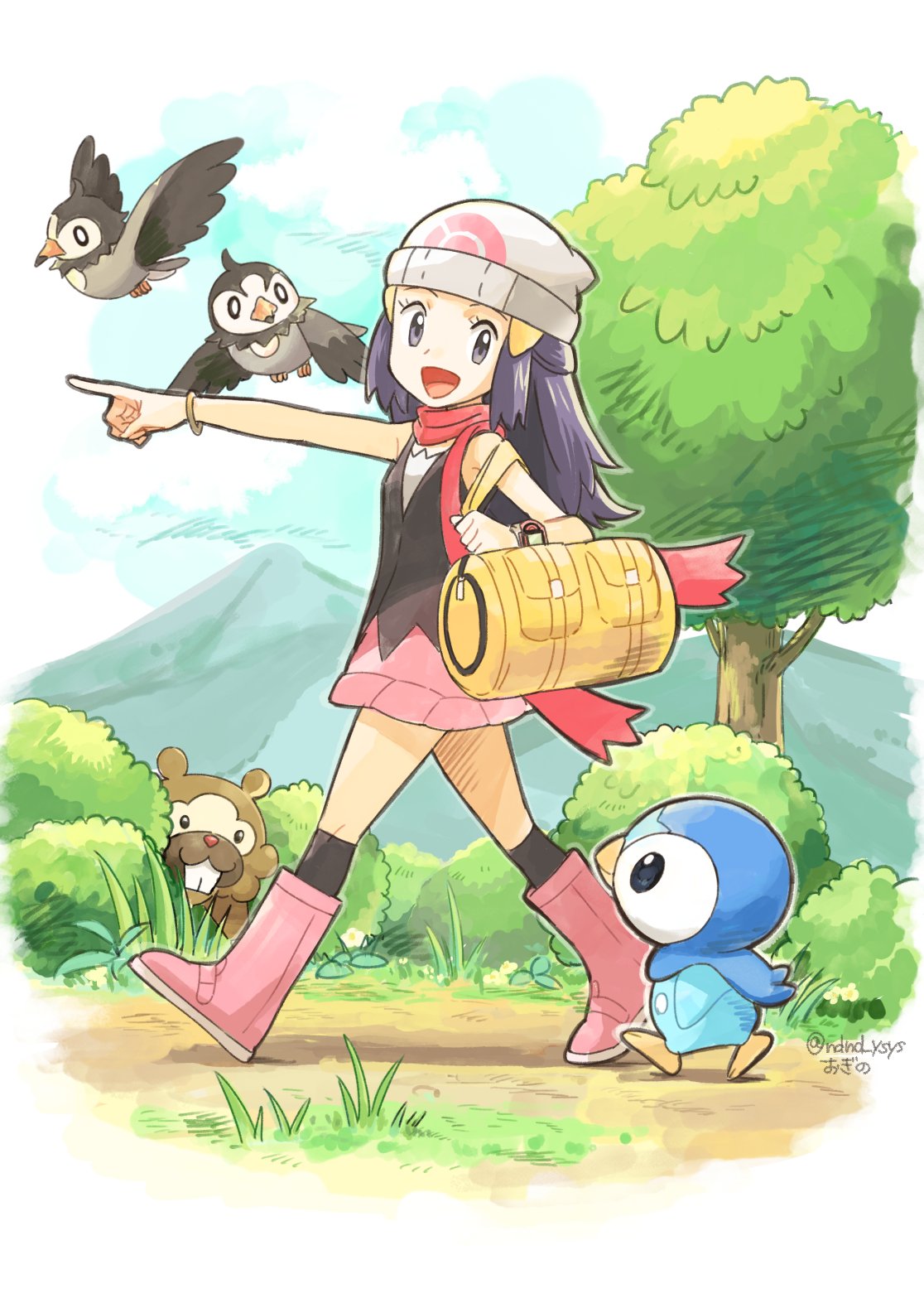 1girl :d beanie bidoof black_legwear black_shirt boots bracelet bush commentary_request day eyelashes from_side grass grey_eyes hat highres hikari_(pokemon) jewelry ndnd_ysys open_mouth outdoors outstretched_arm over-kneehighs pink_footwear pink_skirt piplup pointing pokemon pokemon_(creature) pokemon_(game) pokemon_dppt scarf shirt skirt sleeveless sleeveless_shirt smile standing starly thigh-highs tongue tree white_headwear