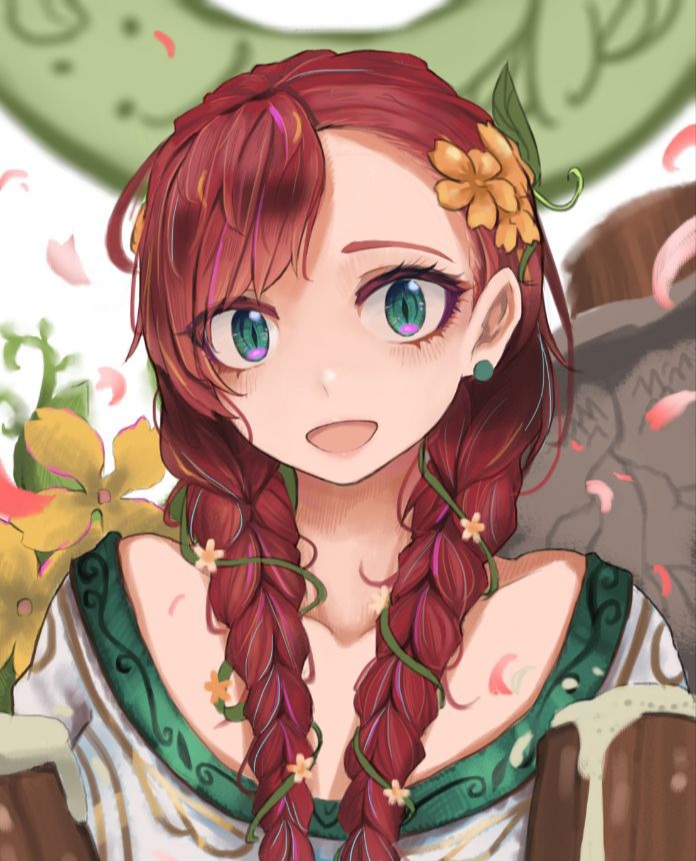 1girl blurry blurry_background braid chinese_commentary collarbone commentary_request earrings falling_petals flower green_eyes hair_flower hair_ornament jewelry leaf leaf_on_head liangzi_tai_hongcha long_hair looking_at_viewer open_mouth original petals redhead smile solo stud_earrings twin_braids upper_body yellow_flower
