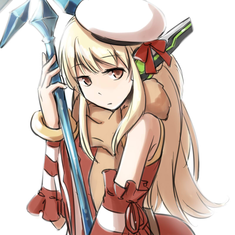 1girl animal_around_neck bangs blonde_hair bow brown_eyes closed_mouth commentary_request detached_sleeves dress dutch_angle expressionless eyebrows_visible_through_hair fox hat hat_bow holding holding_staff long_hair looking_at_viewer natsuya_(kuttuki) professor_(ragnarok_online) ragnarok_online red_bow red_dress red_sleeves robot_ears sailor_hat simple_background sleeveless sleeveless_dress solo staff striped_sleeves white_background white_headwear white_sleeves