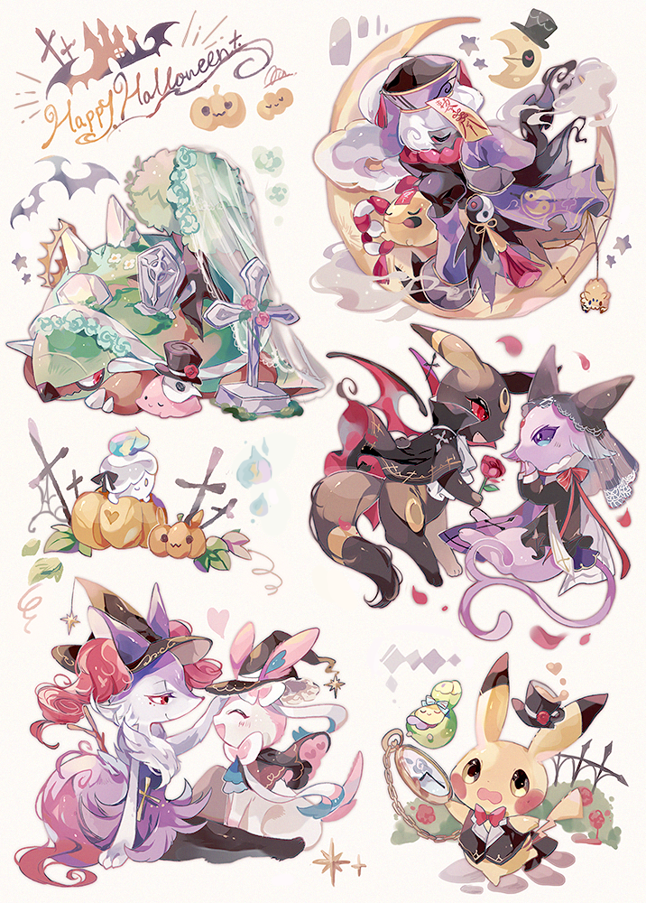 ._. 1girl ^_^ alternate_color animal_ear_fluff animal_ears animal_feet animal_hands animal_nose bat black_bow black_cape black_capelet black_eyes black_fur black_headwear black_shirt black_vest blue_bow blush blush_stickers body_fur bottomless bow bowtie braixen budew bush cape capelet castle chain chingling closed_eyes closed_mouth clothed_pokemon clouds coco7 colored_sclera commentary covering_mouth crescent_moon cross cross_earrings crown cup darkrai demon_wings ditto drink ear_piercing earrings ears_through_headwear english_commentary english_text espeon eye_contact fang fence flat_chest floating flower forehead_jewel fox_ears fox_girl fox_tail from_side full_body fur_collar furry furry_female grass grave half-closed_eyes halloween hands_up happy happy_halloween hat heart holding holding_flower jack-o'-lantern jewelry jiangshi joltik juliet_sleeves knee_up kouhaku_nawa layered_sleeves leaf light_blush litwick long_hair long_sleeves looking_at_another looking_to_the_side lunatone lying moon neck_ribbon ofuda on_stomach one_eye_closed open_mouth own_hands_together petals piercing pikachu pink_flower pink_rose pocket_watch pokemon pokemon_(creature) ponytail puffy_sleeves pumpkin purple_fur purple_headwear purple_sclera qing_guanmao red_bow red_bowtie red_eyes red_flower red_ribbon red_rose red_sclera ribbon rose saucer see-through shiny_pokemon shirt silk sitting sitting_on_moon sleeping smile snout spider_web spilling standing standing_on_one_leg star_(symbol) stick sylveon tabard tail tassel tea teacup tied_hair tombstone top_hat torterra two-sided_cape two-sided_fabric u_u umbreon veil vest watch white_flower white_fur white_hair wings witch_hat yellow_eyes yellow_headwear yin_yang