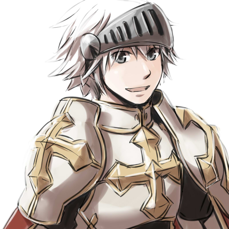 1boy armor bangs breastplate cape closed_eyes commentary_request cross grey_eyes lord_knight_(ragnarok_online) male_focus natsuya_(kuttuki) open_mouth pauldrons ragnarok_online red_cape short_hair shoulder_armor simple_background smile solo upper_body visor_(armor) white_background white_hair