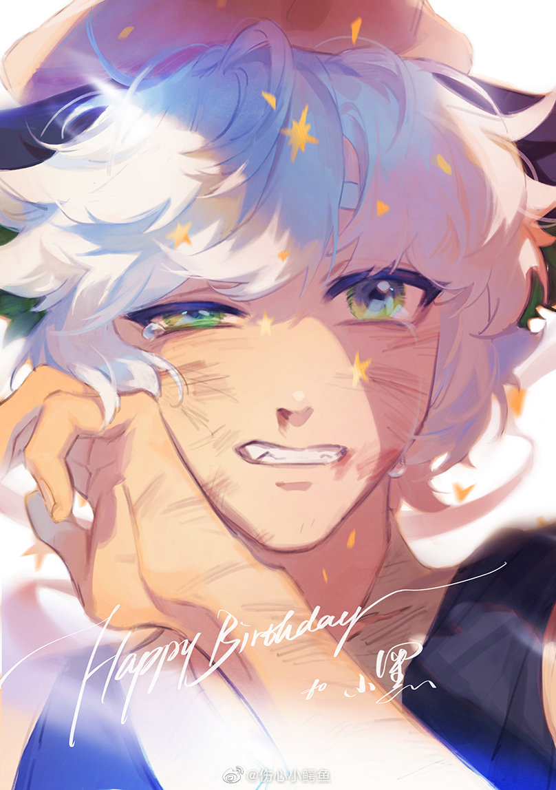 1boy animal_ears bean_mr12 cat_boy cat_ears dirty dirty_face green_eyes happy_birthday luoxiaohei parted_lips portrait shadow solo star_(symbol) tears the_legend_of_luo_xiaohei weibo_username