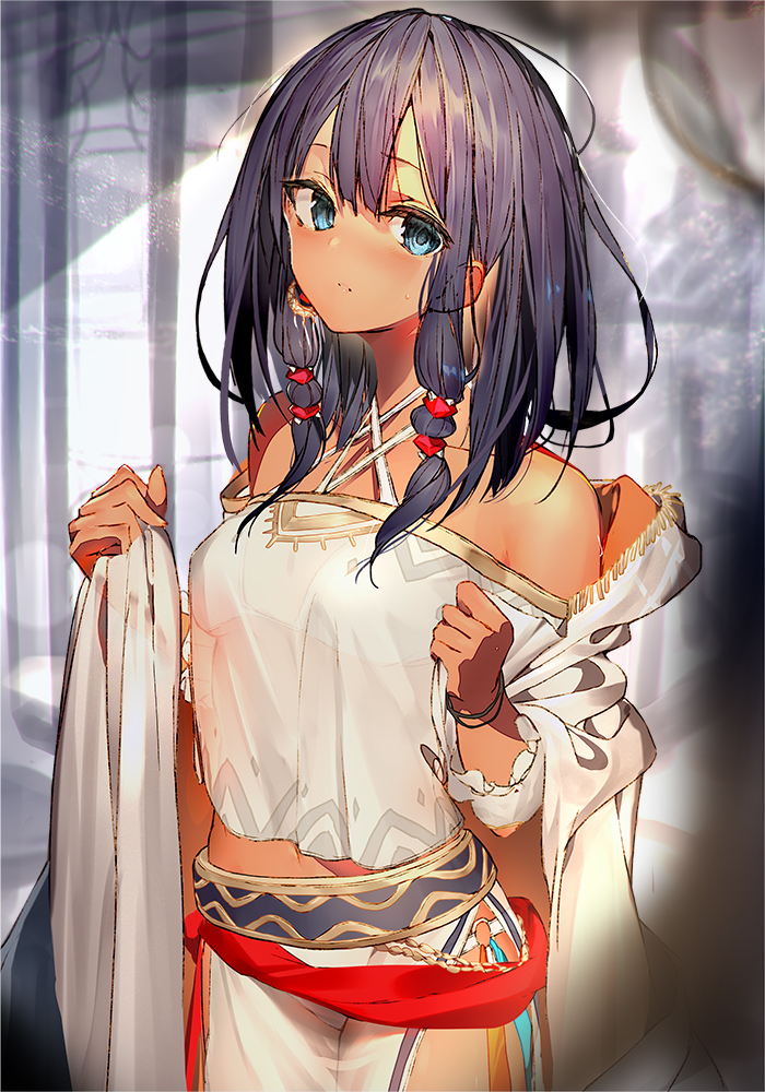 1girl bangs bare_shoulders bikini bikini_under_clothes black_hair blue_eyes blush bracelet breasts cover_image cowboy_shot criss-cross_halter dark-skinned_female dark_skin enj! halterneck jewelry long_hair looking_at_viewer navel novel_illustration off_shoulder official_art parted_lips ryuu_to_sairei second-party_source see-through sidelocks small_breasts solo sweat swimsuit textless white_bikini yuui_(ryuu_to_sairei)