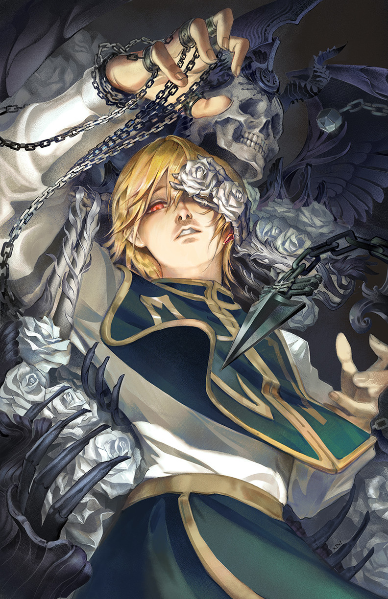 1boy bangs blonde_hair chain demon demon_wings flower flower_over_eye from_below hair_between_eyes highres hunter_x_hunter kurapika long_sleeves looking_at_viewer looking_down male_focus one_eye_covered outstretched_arm parted_lips red_eyes rose shirt short_hair skull solo_focus tabard weapon white_flower white_rose white_shirt wings xinillus