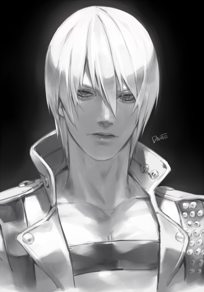 1boy bare_pectorals character_name closed_mouth coat collarbone dante_(devil_may_cry) devil_may_cry_(series) devil_may_cry_3 greyscale hair_between_eyes looking_at_viewer male_focus monochrome open_clothes open_coat pectorals solo talgi upper_body