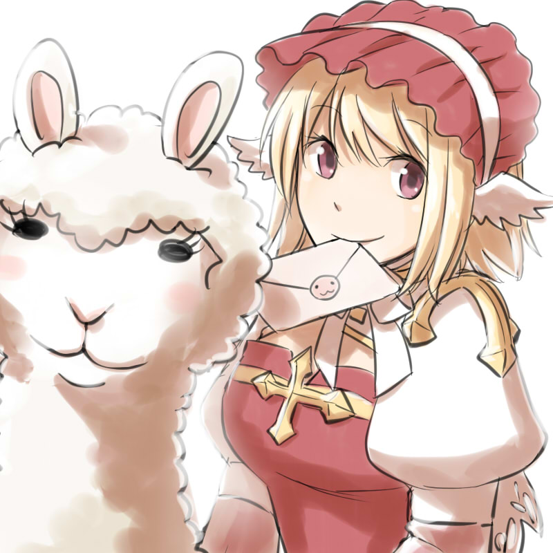 1girl :3 alpaca arch_bishop_(ragnarok_online) bangs blonde_hair bonnet cleavage_cutout closed_mouth clothing_cutout commentary_request cross dress eyebrows_visible_through_hair head_wings juliet_sleeves letter long_sleeves looking_at_viewer mouth_hold natsuya_(kuttuki) pink_eyes poring puffy_sleeves ragnarok_online red_dress short_hair simple_background smile solo two-tone_dress upper_body white_background white_dress white_wings wings