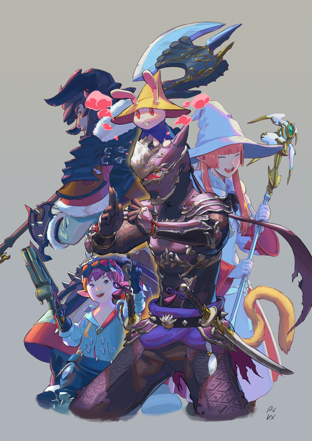 1girl 3boys animal animal_on_head armor avatar_(ffxiv) axe bangs behind_another belt blunt_bangs bodysuit bracer cat_tail closed_eyes clothed_animal collared_shirt colored_smoke cropped_legs dress ears_through_headwear elezen elf final_fantasy final_fantasy_xiv gloves goggles goggles_on_head grey_background gun hand_gesture hat height_difference highres hime_cut holding holding_axe holding_gun holding_staff holding_weapon hyur lalafell laughing long_hair long_sleeves looking_at_another looking_up machinist_(final_fantasy) mask miqo'te multiple_boys ninja_(final_fantasy) on_head open_mouth pants pink_hair pointing pointing_at_another pointy_ears purple_hair pxvx rabbit shirt short_hair simple_background smile smoke spikes staff sword tail warrior_(final_fantasy) weapon white_mage witch_hat