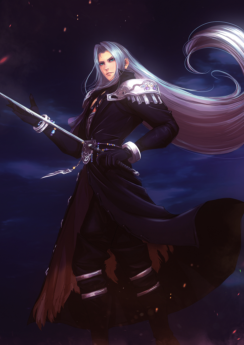 1boy black_coat black_gloves black_pants blue_eyes closed_mouth coat final_fantasy final_fantasy_vii floating_hair gloves hair_intakes highres holding holding_sword holding_weapon long_hair male_focus night outdoors pants sephiroth silver_hair solo sword vervainvanity very_long_hair weapon