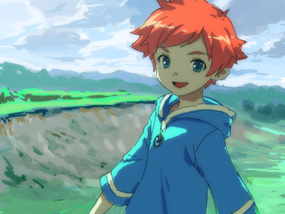 1girl :d blue_eyes blue_hoodie clouds grass hill hood hoodie kumatora looking_at_viewer lowres mother_(game) mother_3 outdoors redhead senntakuya short_hair sky smile very_short_hair