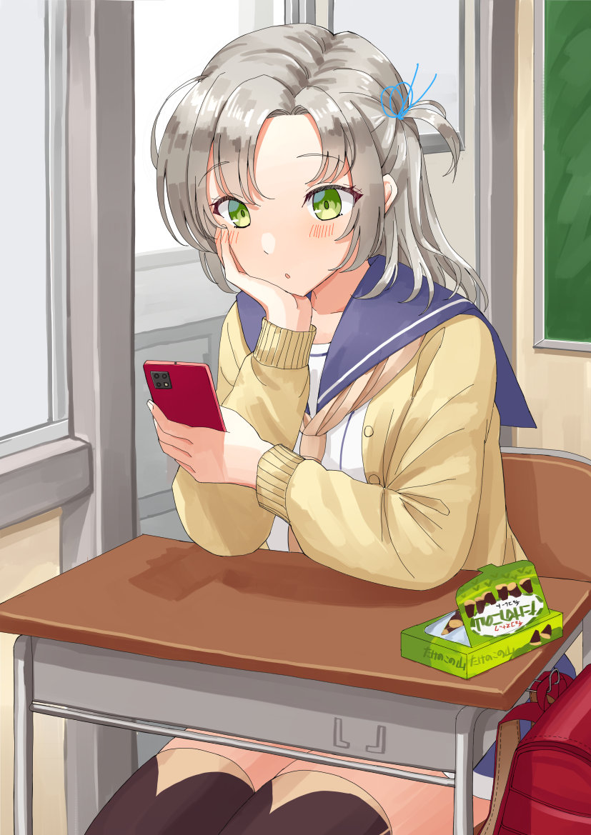 1girl backpack bag black_legwear blue_sailor_collar blush buttons cardigan cellphone chair collarbone desk eyebrows_visible_through_hair green_eyes grey_hair hand_on_own_cheek hand_on_own_face holding holding_phone kantai_collection kinoko_no_yama kinugasa_(kancolle) long_hair long_sleeves mayura2002 neckerchief one_side_up open_cardigan open_clothes parted_lips phone randoseru sailor_collar school_chair school_desk school_uniform serafuku sitting smartphone solo thigh-highs yellow_cardigan yellow_neckerchief