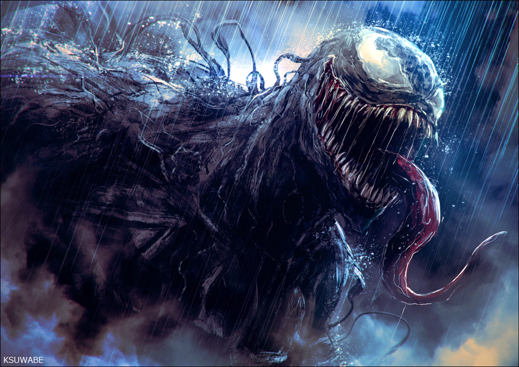 1boy artist_name clouds cloudy_sky grey_eyes k-suwabe long_tongue marvel monster open_mouth rain saliva sharp_teeth sky solo teeth tongue tongue_out venom_(marvel)